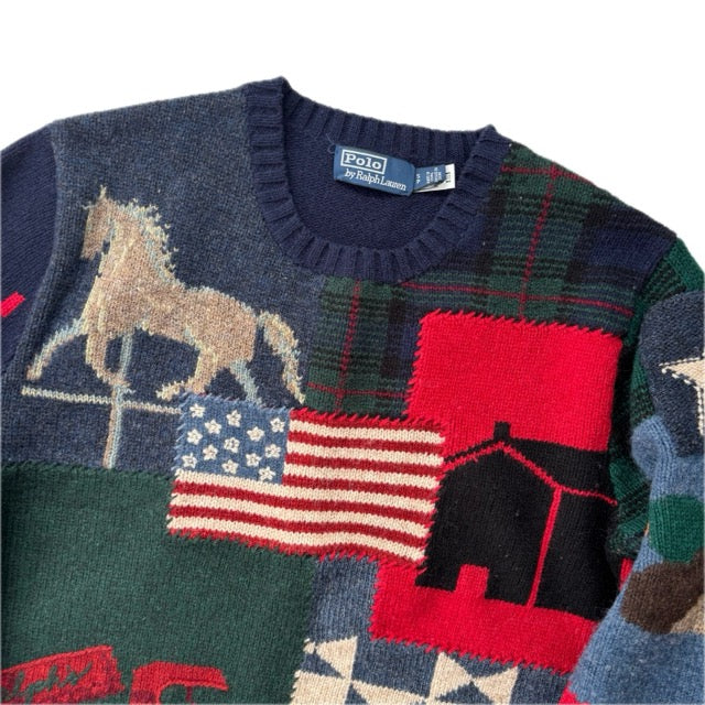 Polo Ralph Lauren Patchwork USA Flag Jumper Shawl Neck Sweater (Wool) - S