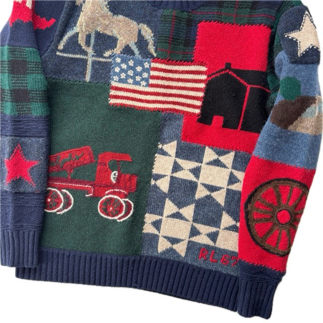 Polo Ralph Lauren Patchwork USA Flag Jumper Shawl Neck Sweater (Wool) - S
