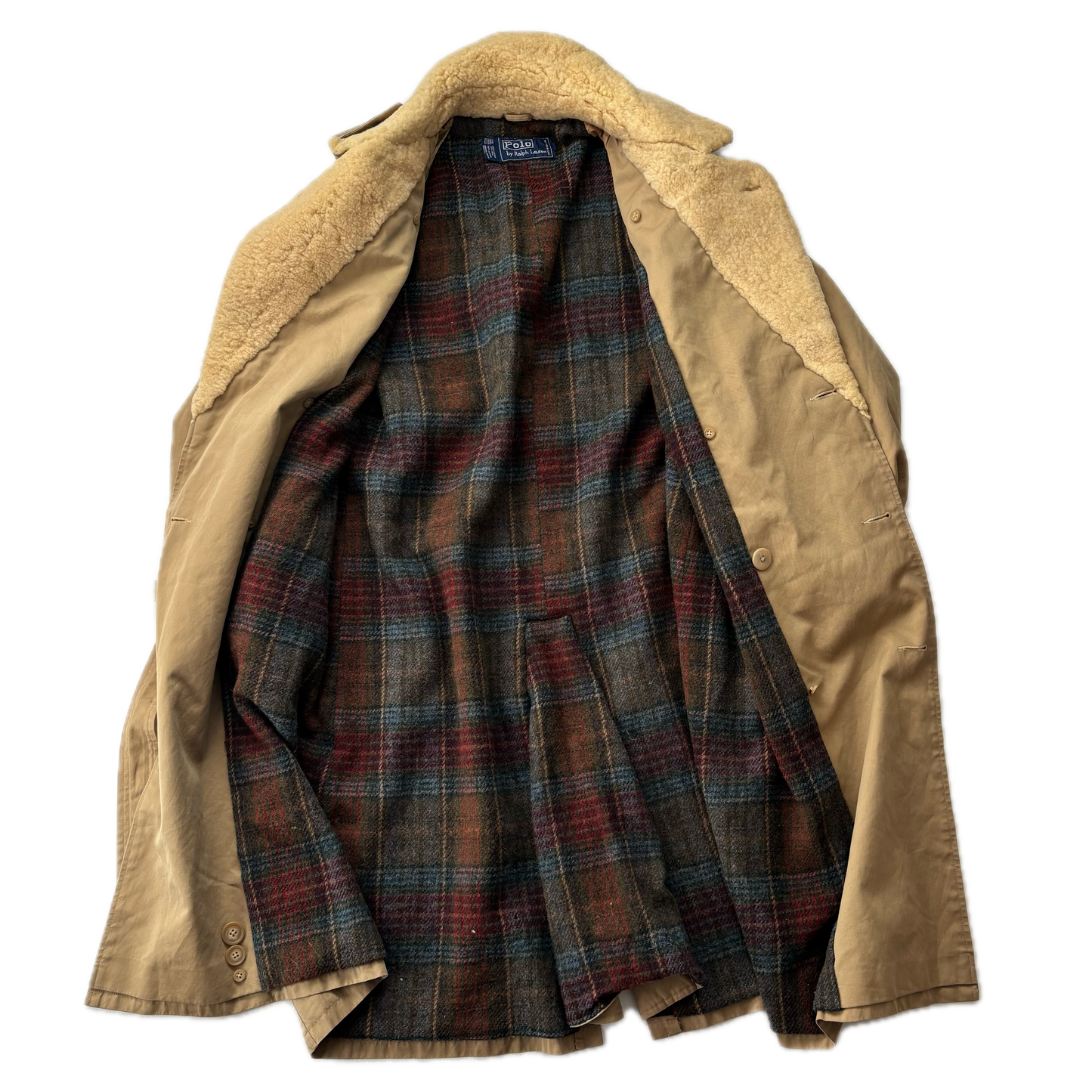 Polo Ralph Lauren Beige Double Breasted Sheepskin Collar Wool Lined Rain Mac Coat Trench - 38R