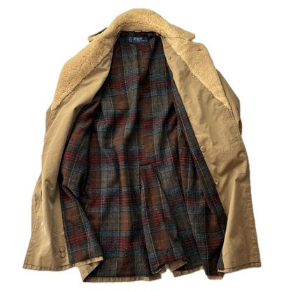 Polo Ralph Lauren Beige Double Breasted Sheepskin Collar Wool Lined Rain Mac Coat Trench - 38R