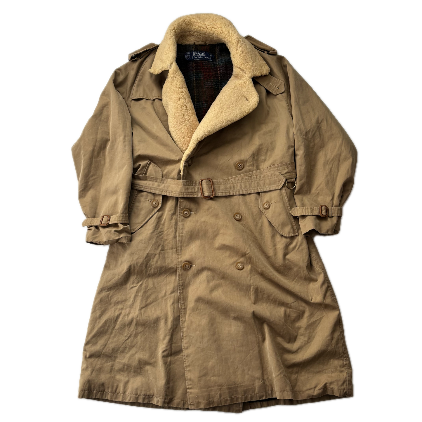Polo Ralph Lauren Beige Double Breasted Sheepskin Collar Wool Lined Rain Mac Coat Trench - 38R