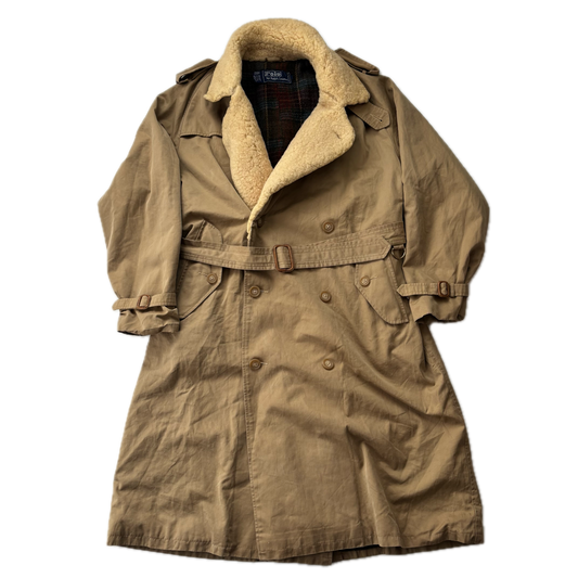 Polo Ralph Lauren Beige Double Breasted Sheepskin Collar Wool Lined Rain Mac Coat Trench - 38R