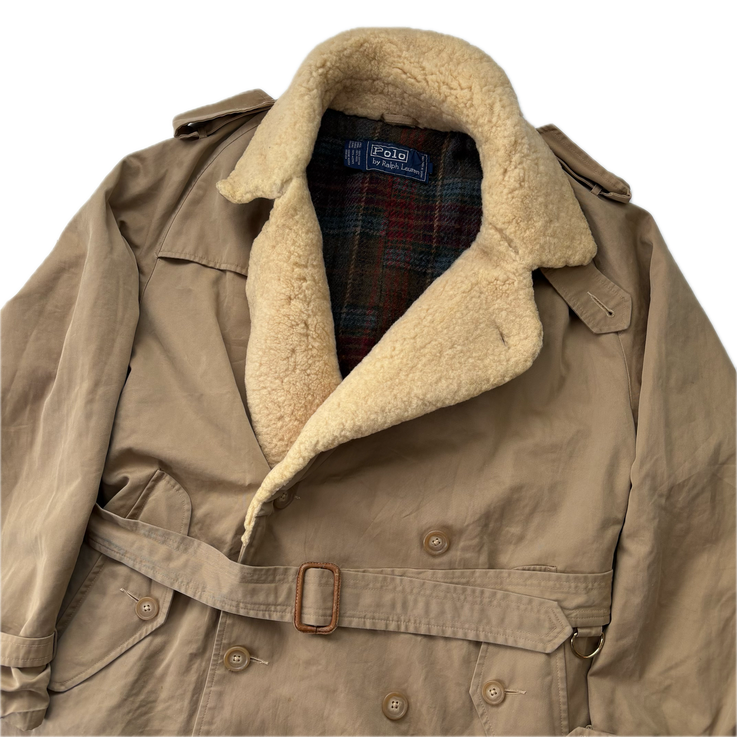 Polo Ralph Lauren Beige Double Breasted Sheepskin Collar Wool Lined Rain Mac Coat Trench - 38R