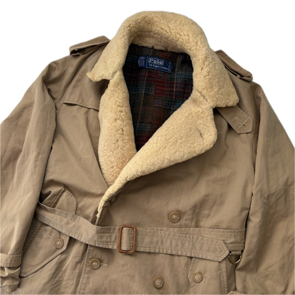 Polo Ralph Lauren Beige Double Breasted Sheepskin Collar Wool Lined Rain Mac Coat Trench - 38R