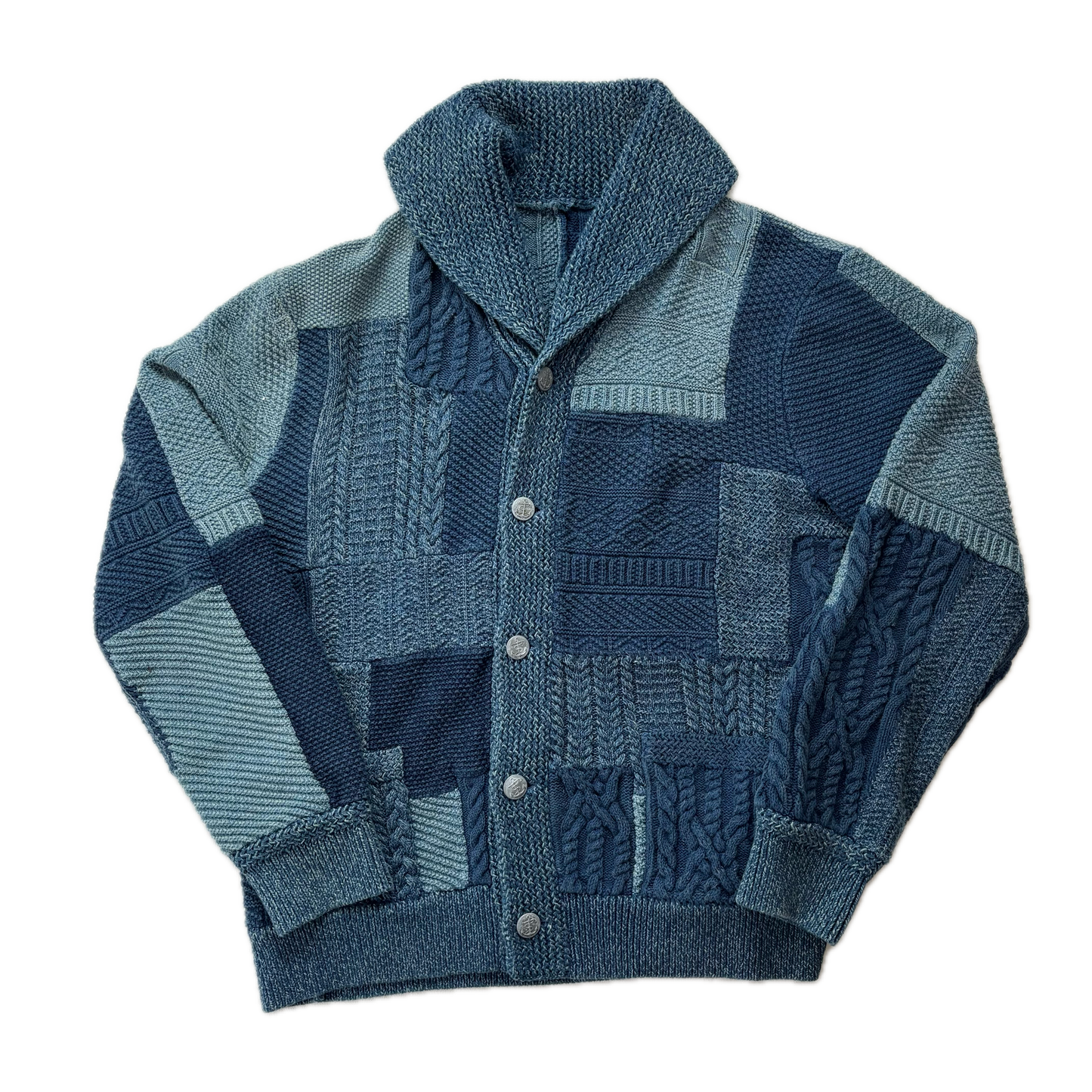 RRL Indigo Patchwork Knit Shawl-Collar Cardigan (Cotton Linen) - XL