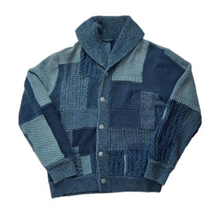 RRL Indigo Patchwork Knit Shawl-Collar Cardigan (Cotton Linen) - XL