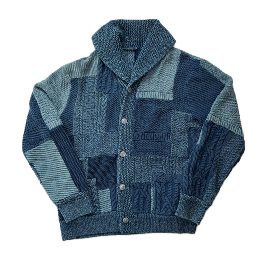 RRL Indigo Patchwork Knit Shawl-Collar Cardigan (Cotton Linen) - XL