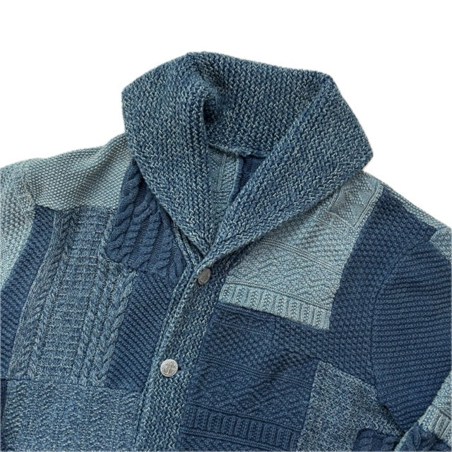 RRL Indigo Patchwork Knit Shawl-Collar Cardigan (Cotton Linen) - XL