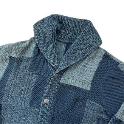 RRL Indigo Patchwork Knit Shawl-Collar Cardigan (Cotton Linen) - XL
