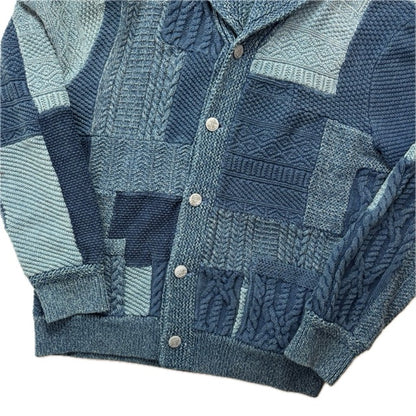 RRL Indigo Patchwork Knit Shawl-Collar Cardigan (Cotton Linen) - XL