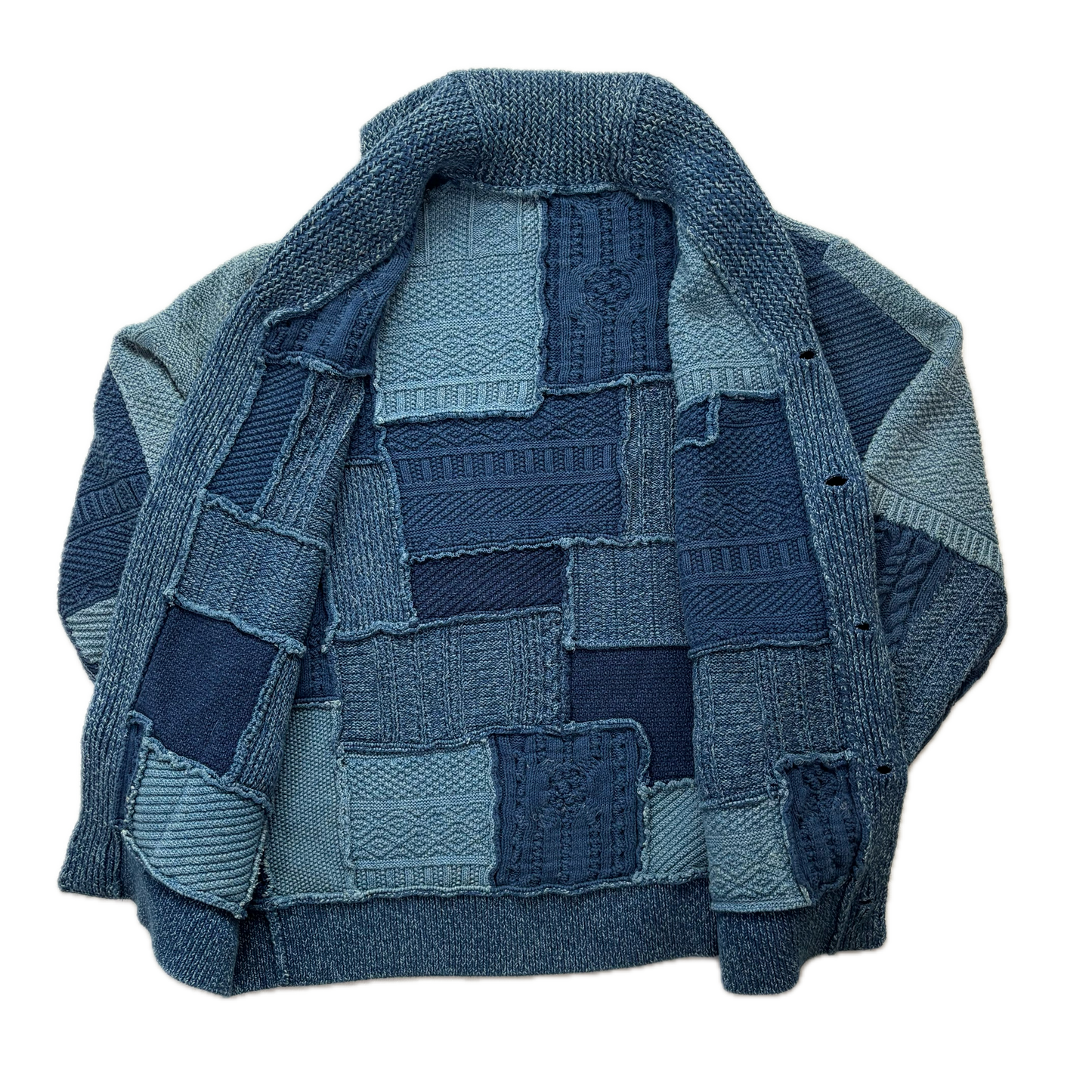RRL Indigo Patchwork Knit Shawl-Collar Cardigan (Cotton Linen) - XL