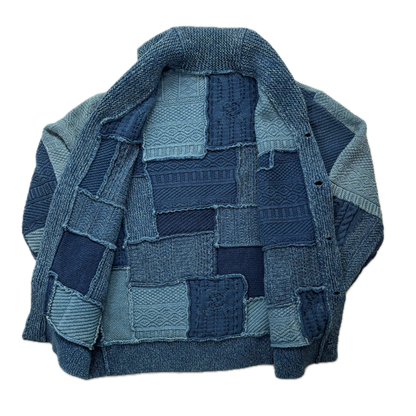 RRL Indigo Patchwork Knit Shawl-Collar Cardigan (Cotton Linen) - XL