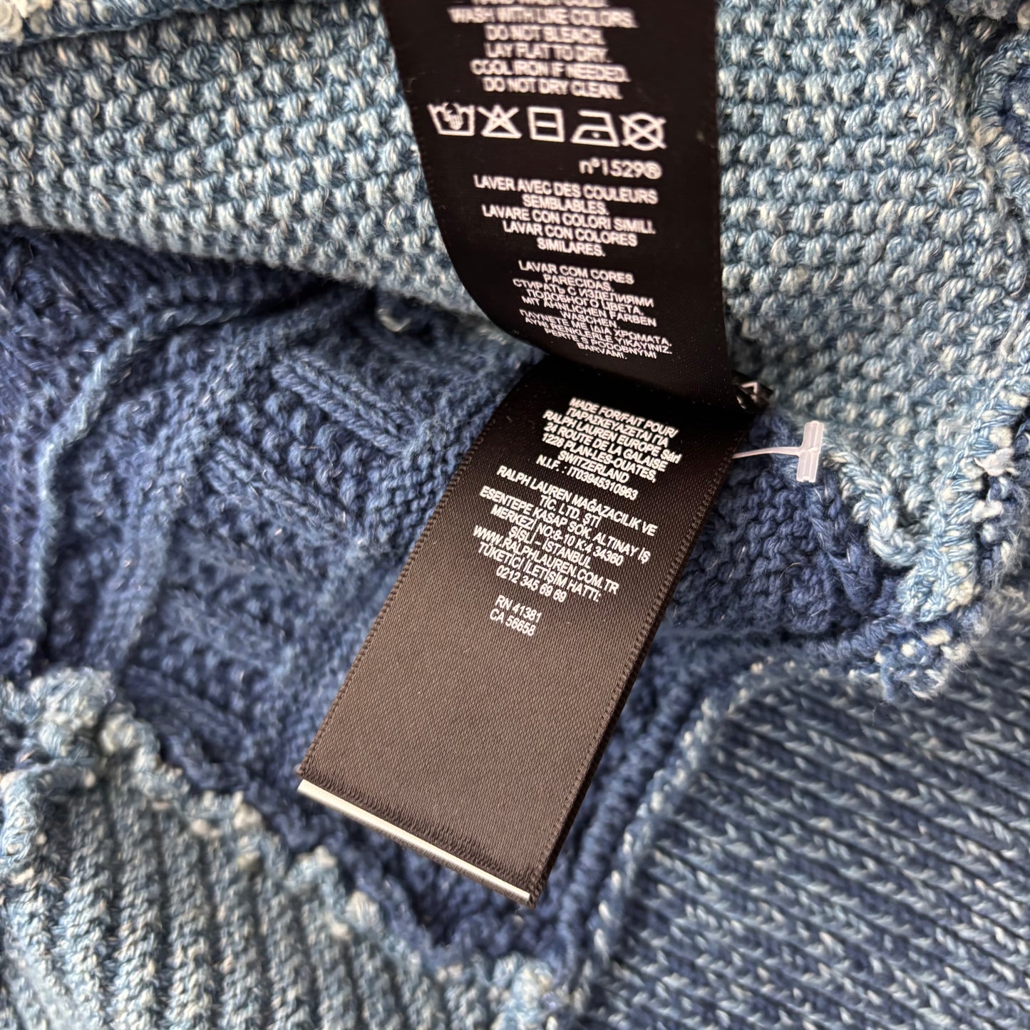 RRL Indigo Patchwork Knit Shawl-Collar Cardigan (Cotton Linen) - XL