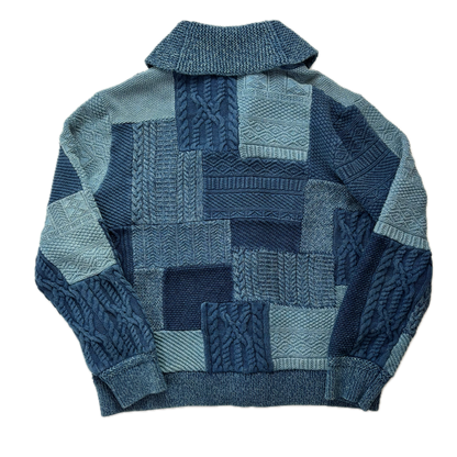 RRL Indigo Patchwork Knit Shawl-Collar Cardigan (Cotton Linen) - XL