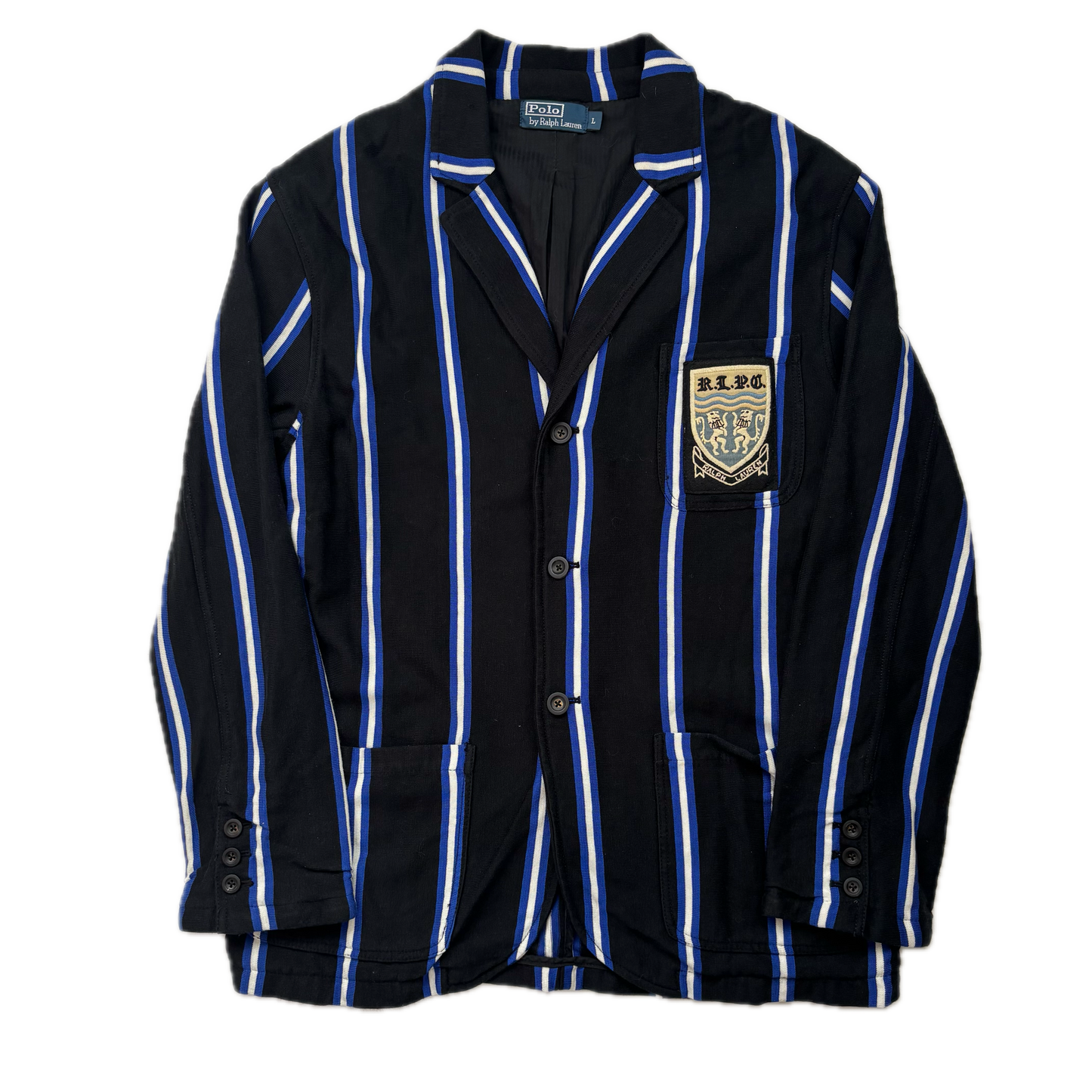 Polo Ralph Lauren Black Blue White Striped Crest Rowing Sports Jacket Blazer - L