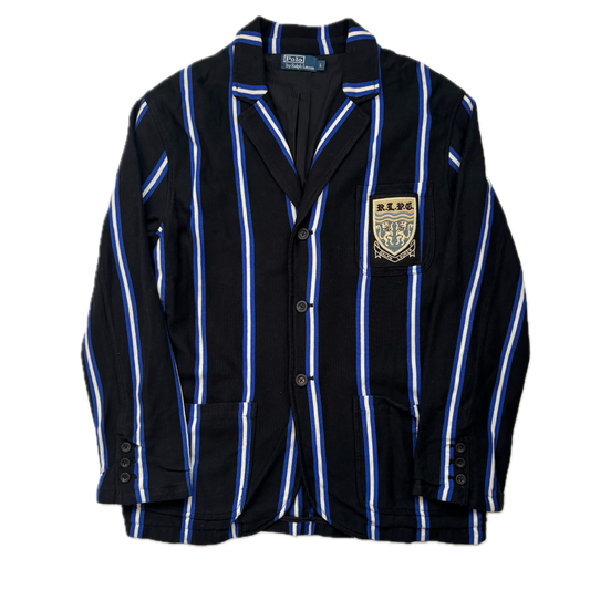 Polo Ralph Lauren Black Blue White Striped Crest Rowing Sports Jacket Blazer - L