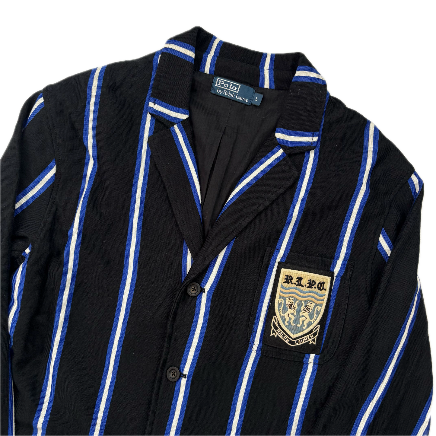 Polo Ralph Lauren Black Blue White Striped Crest Rowing Sports Jacket Blazer - L
