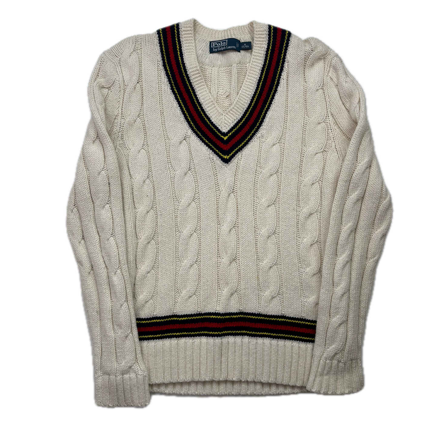 Polo Ralph Lauren Cream Cricket Navy Red Jumper Cableknit (Cotton Cashmere)- M
