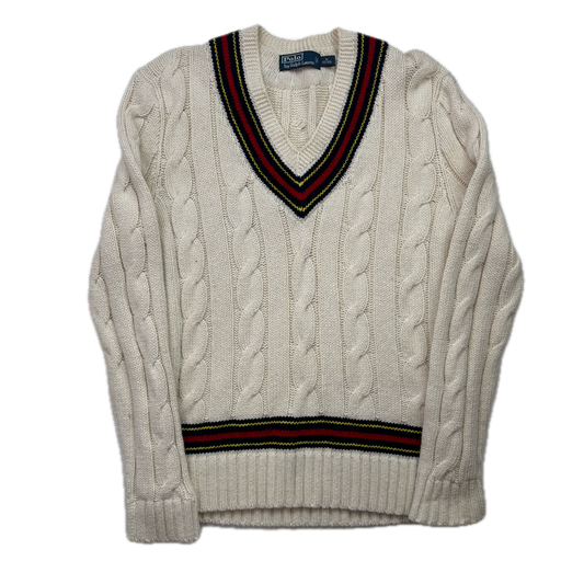 Polo Ralph Lauren Cream Cricket Navy Red Jumper Cableknit (Cotton Cashmere)- M