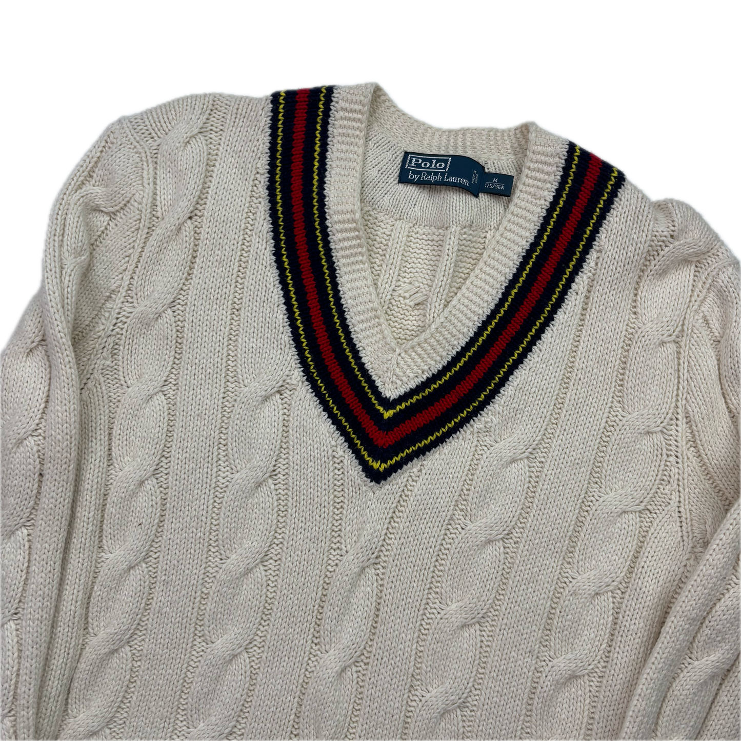 Polo Ralph Lauren Cream Cricket Navy Red Jumper Cableknit (Cotton Cashmere)- M