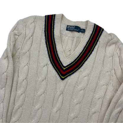 Polo Ralph Lauren Cream Cricket Navy Red Jumper Cableknit (Cotton Cashmere)- M