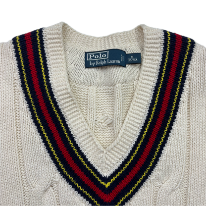 Polo Ralph Lauren Cream Cricket Navy Red Jumper Cableknit (Cotton Cashmere)- M