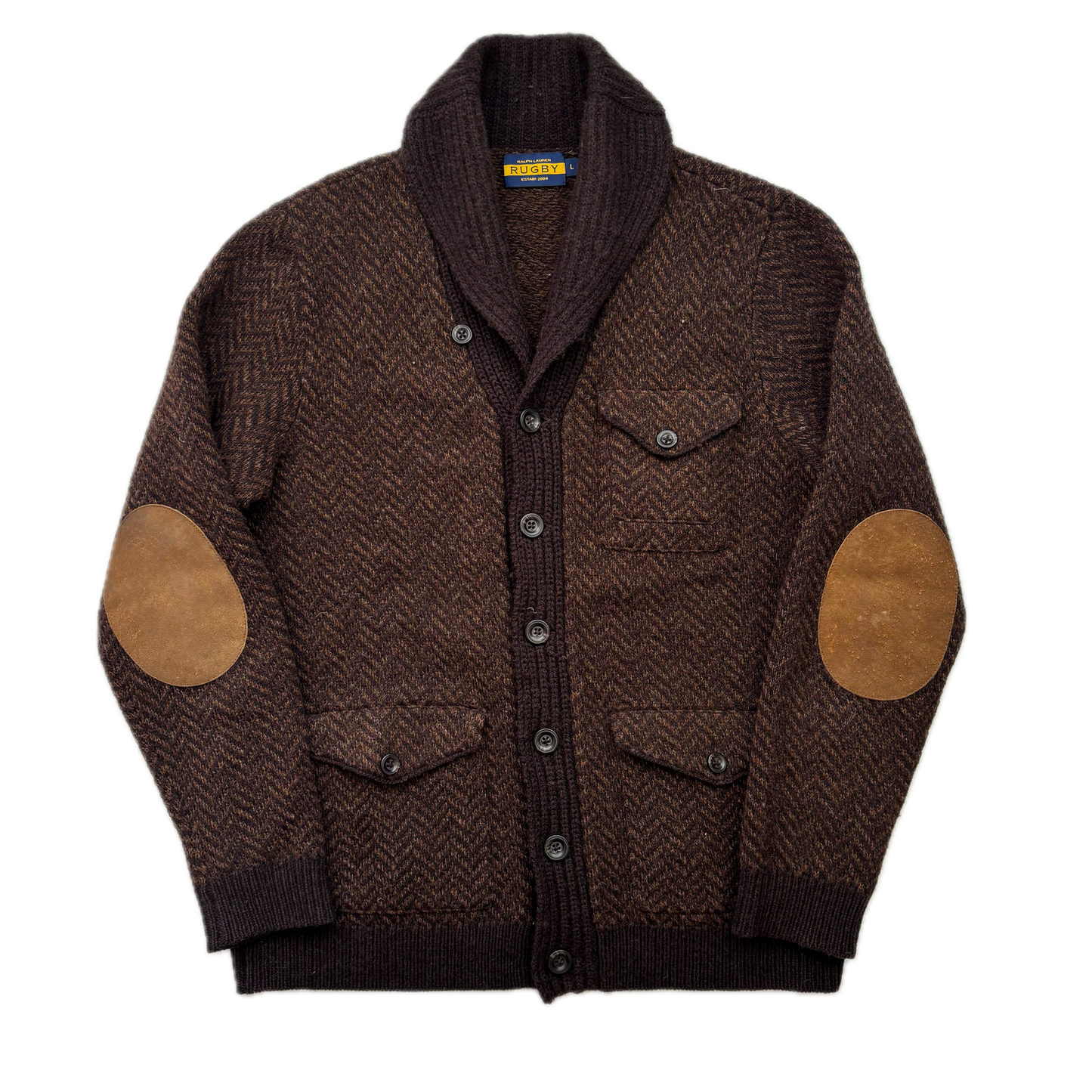 Rugby Ralph Lauren Brown Herringbone Cardigan (Wool) - L