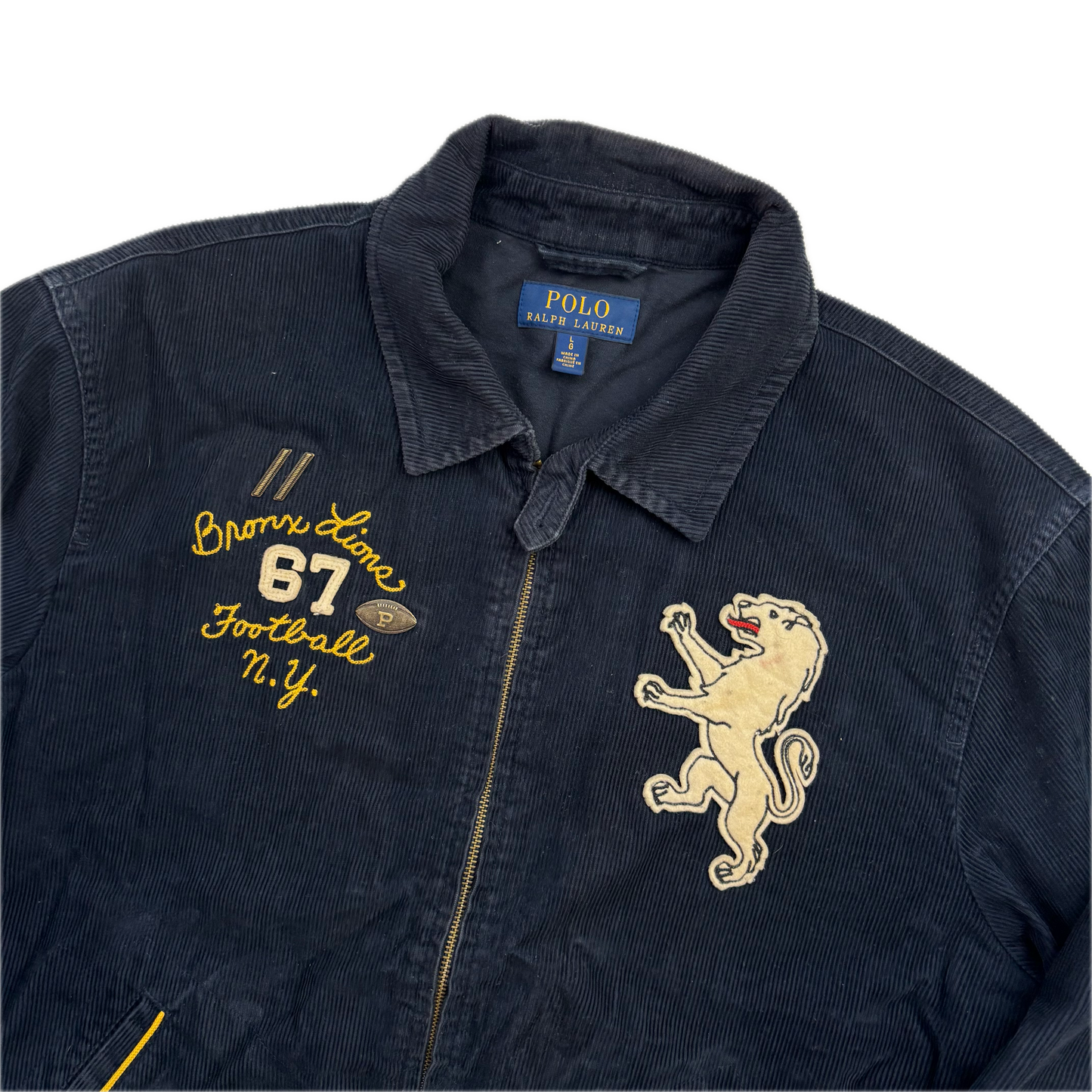 Navy Corduroy Varsity Bronx Lions Letterman Jacket - L