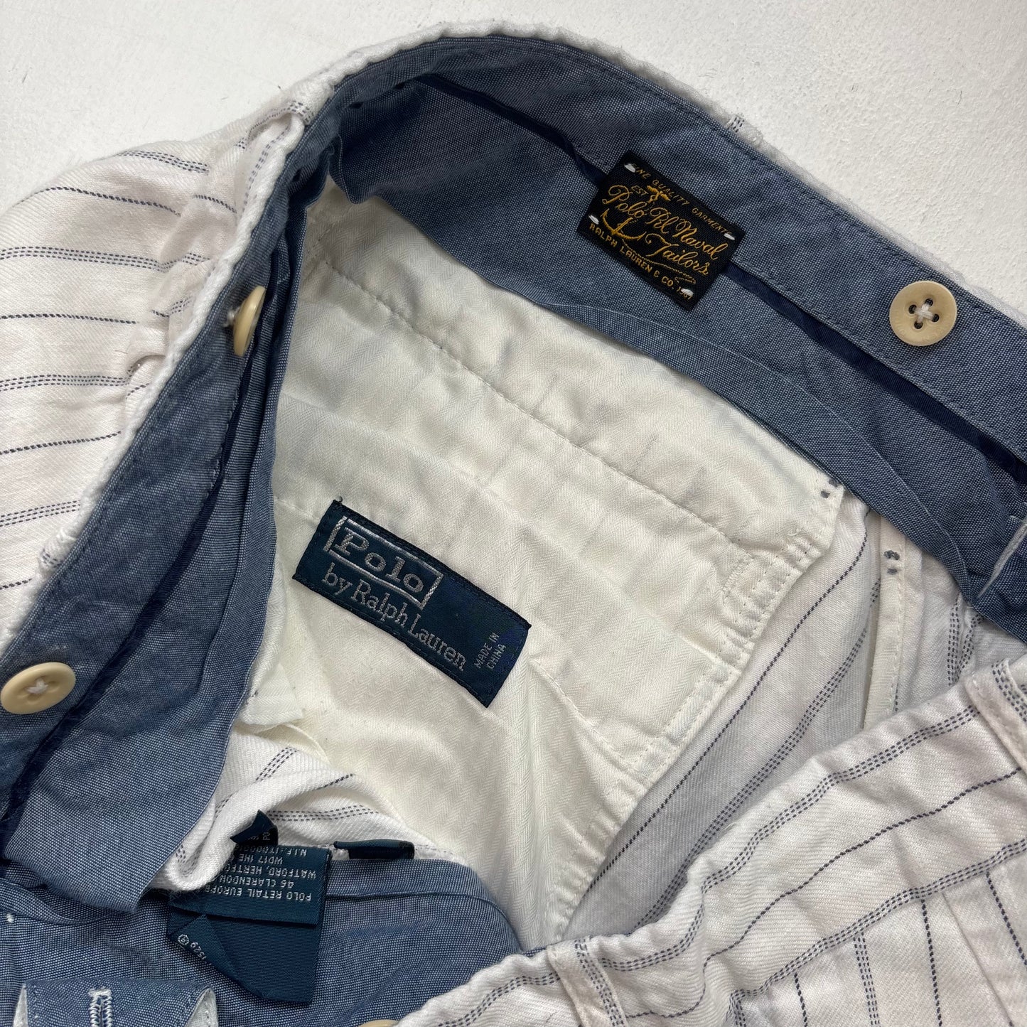 Polo Ralph Lauren White Striped Deck Pants Trousers (Linen Cotton) - 34/32