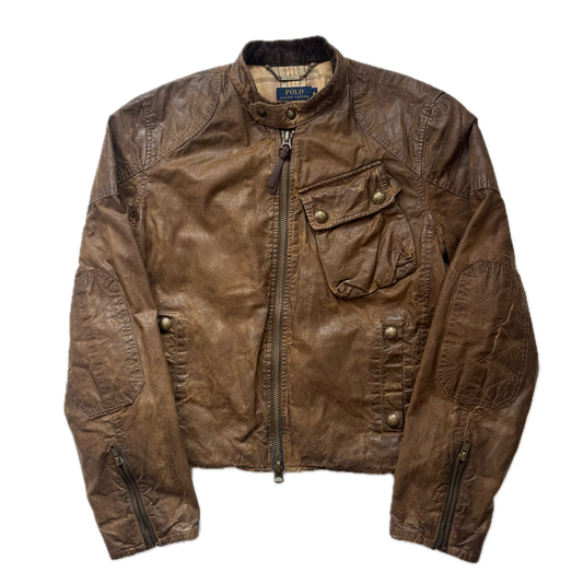 Polo Ralph Lauren Brown Oil Skin Moto Jacket Waxed Cotton - M