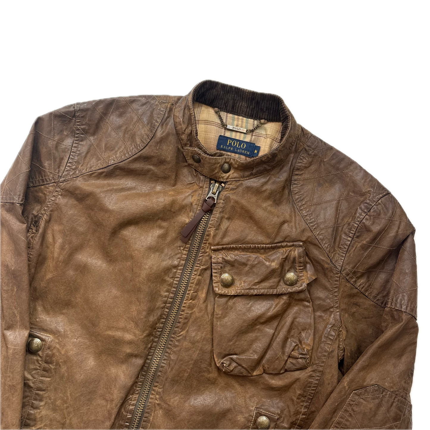 Polo Ralph Lauren Brown Oil Skin Moto Jacket Waxed Cotton - M