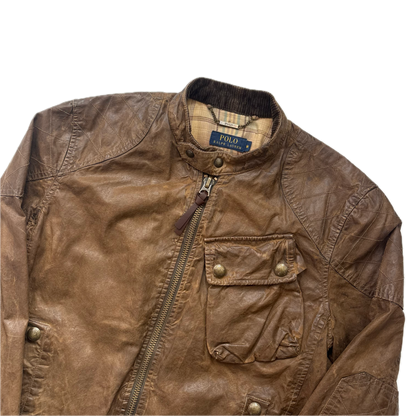 Polo Ralph Lauren Brown Oil Skin Moto Jacket Waxed Cotton - M