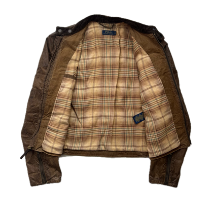 Polo Ralph Lauren Brown Oil Skin Moto Jacket Waxed Cotton - M