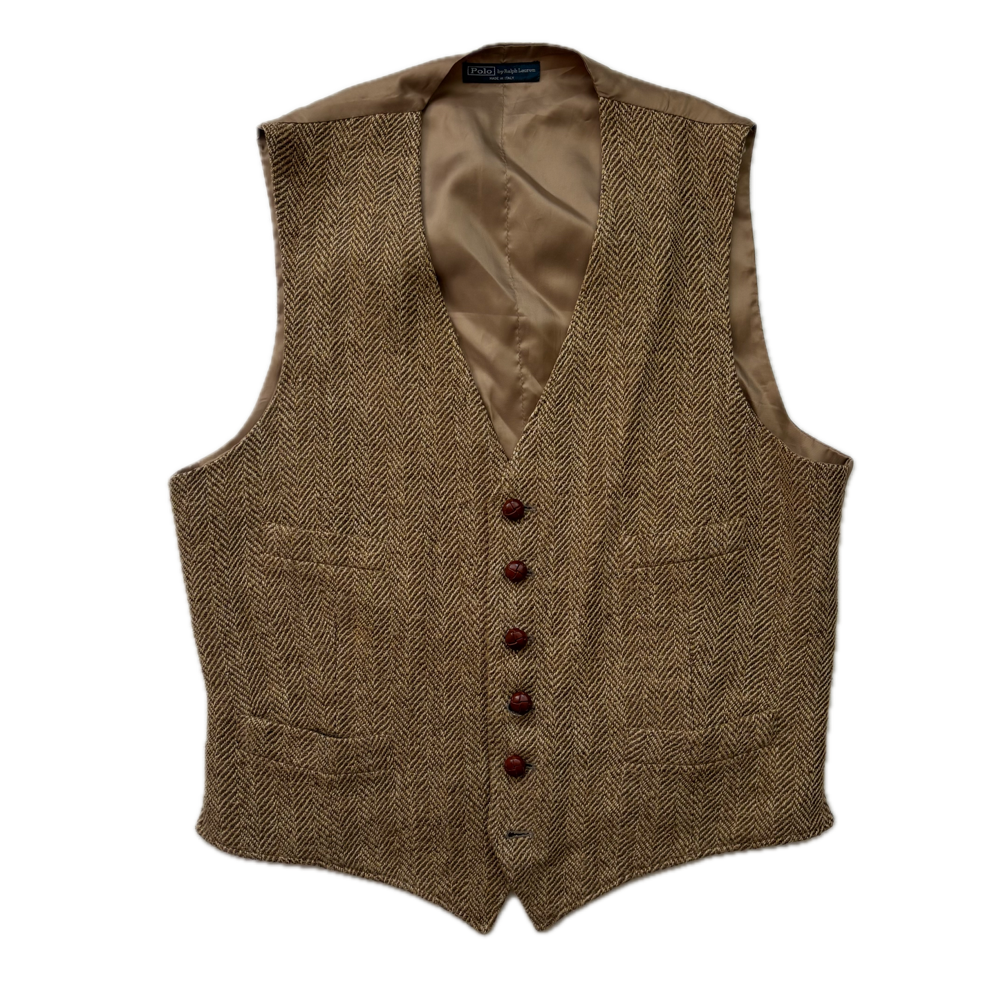 Polo Ralph Lauren Brown Herringbone Waistcoat (Linen Silk Wool) - L