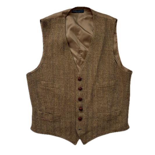 Polo Ralph Lauren Brown Herringbone Waistcoat (Linen Silk Wool) - L