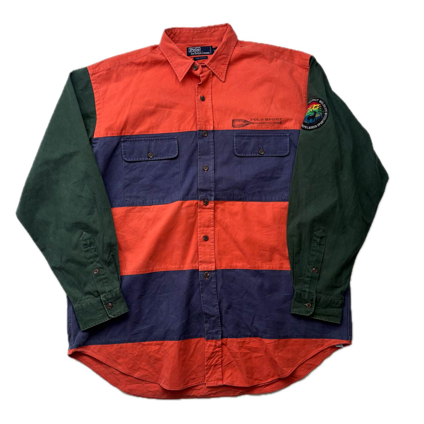 Polo Ralph Lauren Sportsman Wildlife Patch Striped Shirt 1993 Original - XL