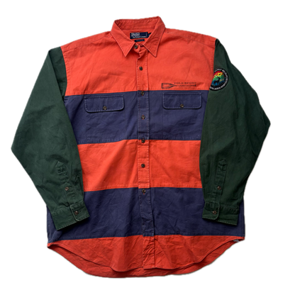 Polo Ralph Lauren Sportsman Wildlife Patch Striped Shirt 1993 Original - XL