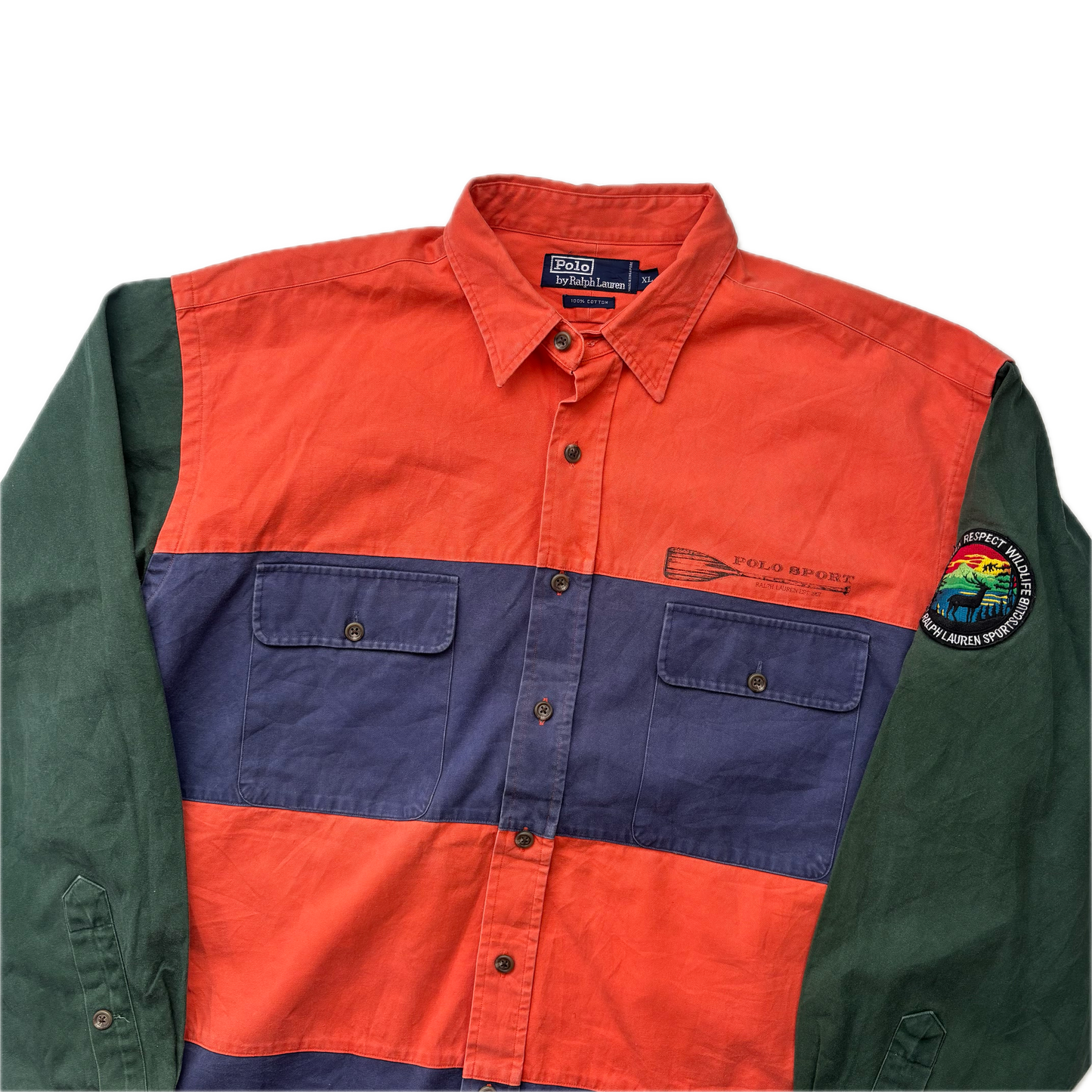 Polo Ralph Lauren Sportsman Wildlife Patch Striped Shirt 1993 Original - XL