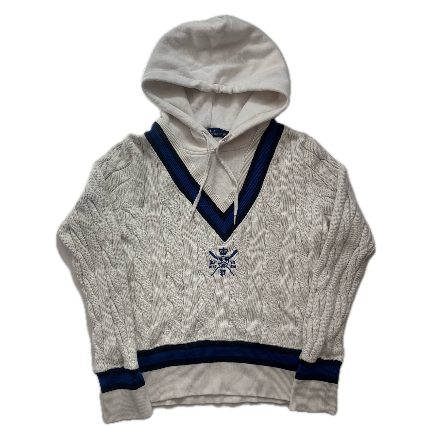 Polo Ralph Lauren White Blue Navy Cricket Jumper Hoodie Tennis Cableknit - L