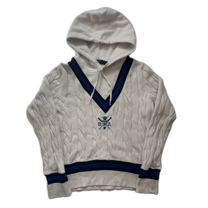 Polo Ralph Lauren White Blue Navy Cricket Jumper Hoodie Tennis Cableknit - L