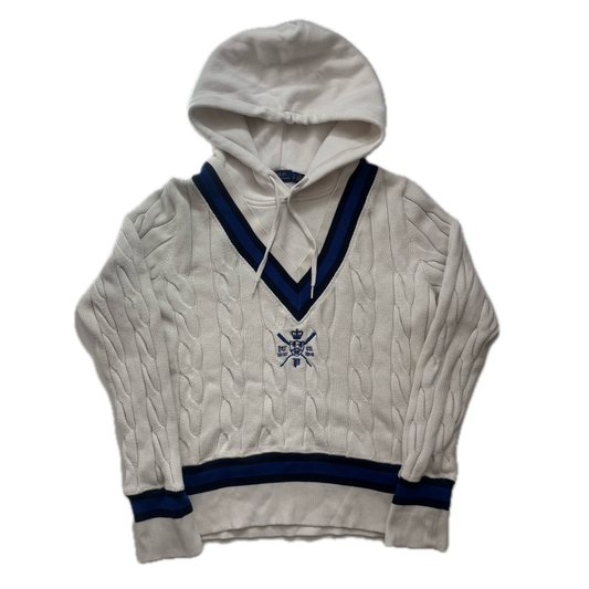 Polo Ralph Lauren White Blue Navy Cricket Jumper Hoodie Tennis Cableknit - L