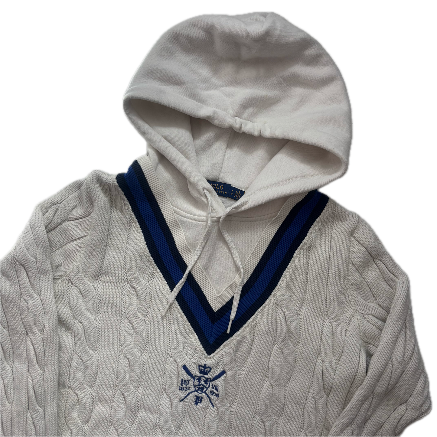 Polo Ralph Lauren White Blue Navy Cricket Jumper Hoodie Tennis Cableknit - L