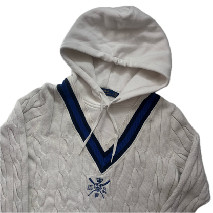 Polo Ralph Lauren White Blue Navy Cricket Jumper Hoodie Tennis Cableknit - L