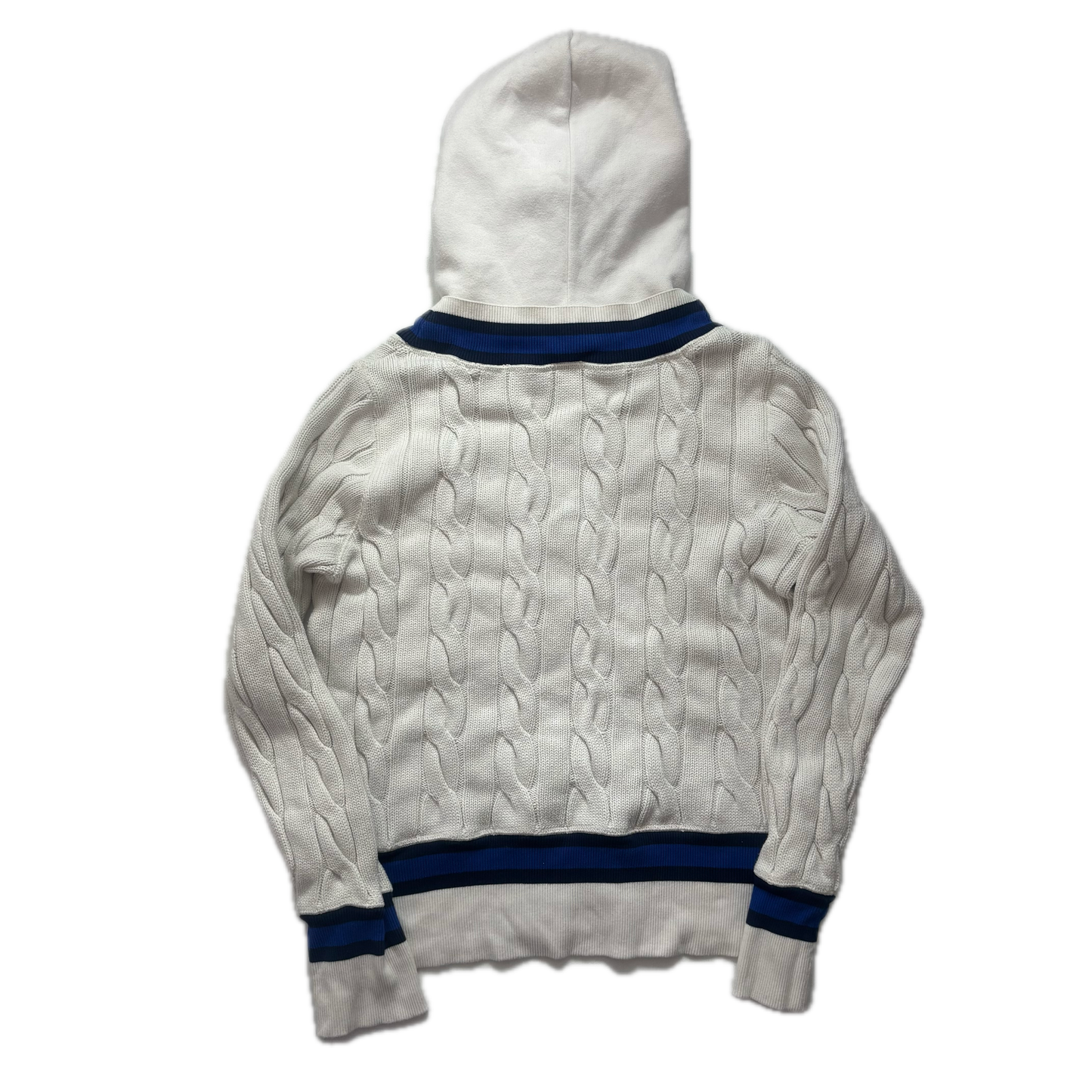 Polo Ralph Lauren White Blue Navy Cricket Jumper Hoodie Tennis Cableknit - L