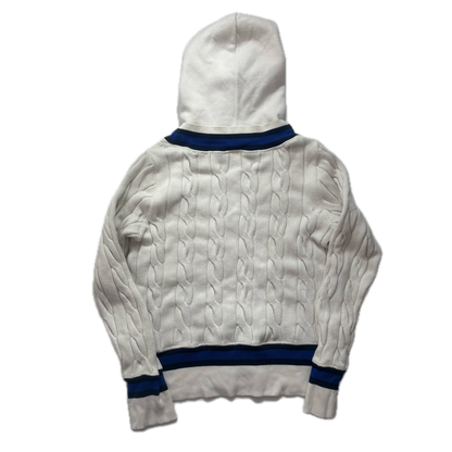 Polo Ralph Lauren White Blue Navy Cricket Jumper Hoodie Tennis Cableknit - L