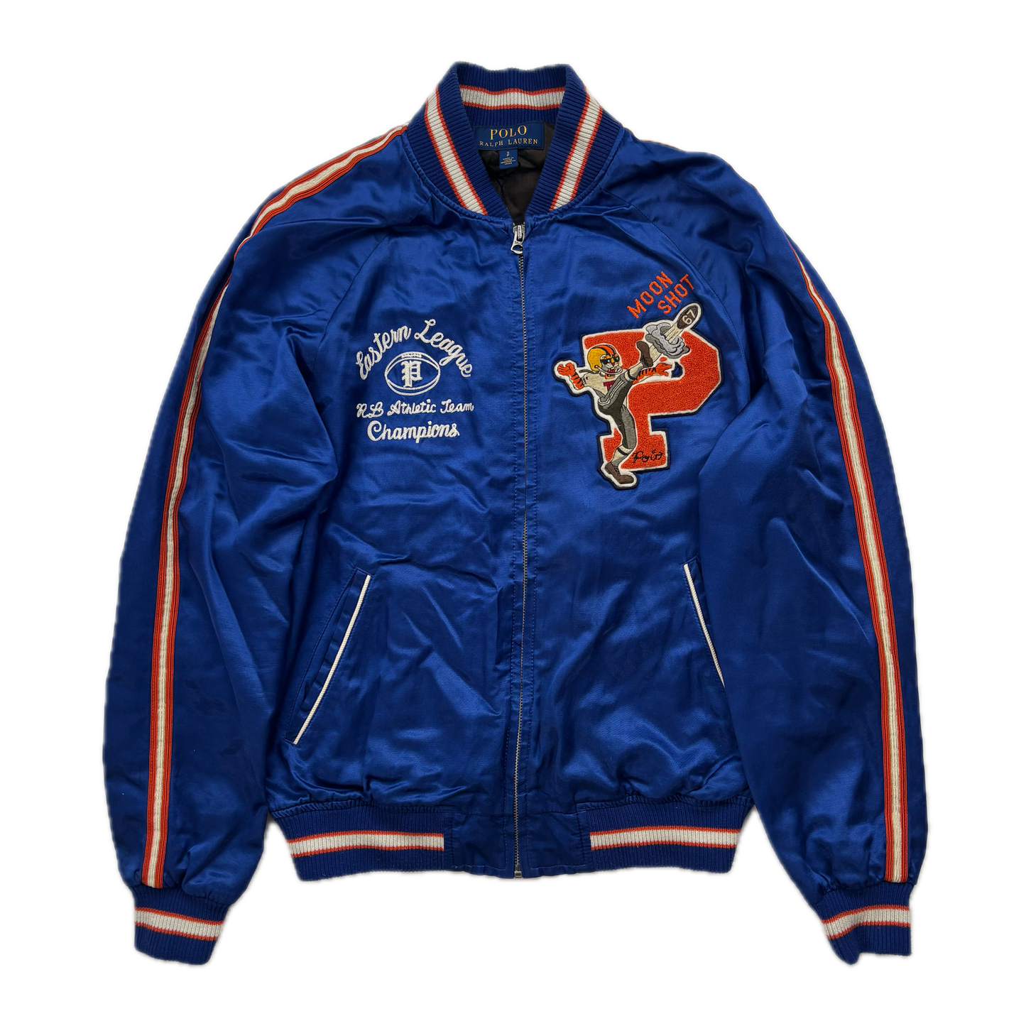 Polo Ralph Lauren Blue Satin Varsity Moon Shot Tigers Letterman Jacket - S