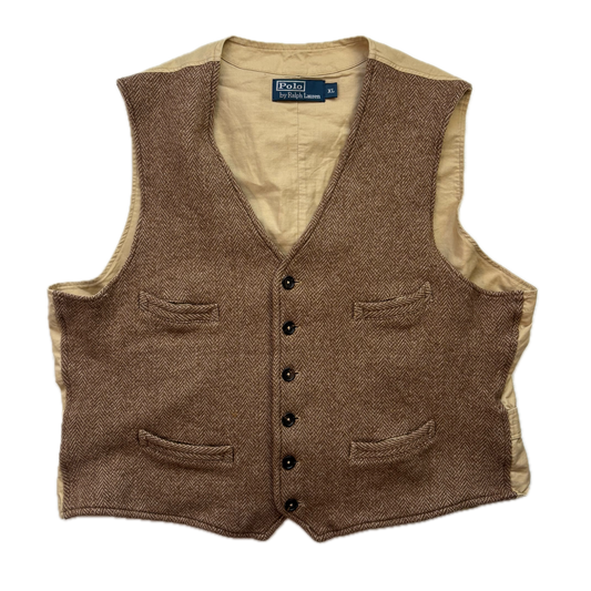 Polo Ralph Lauren Brown Tweed Herringbone Waistcoat (Wool Cotton) - XL