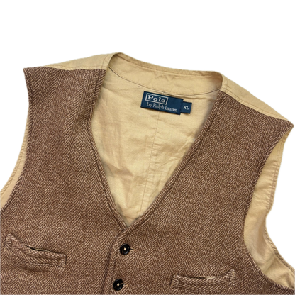 Polo Ralph Lauren Brown Tweed Herringbone Waistcoat (Wool Cotton) - XL