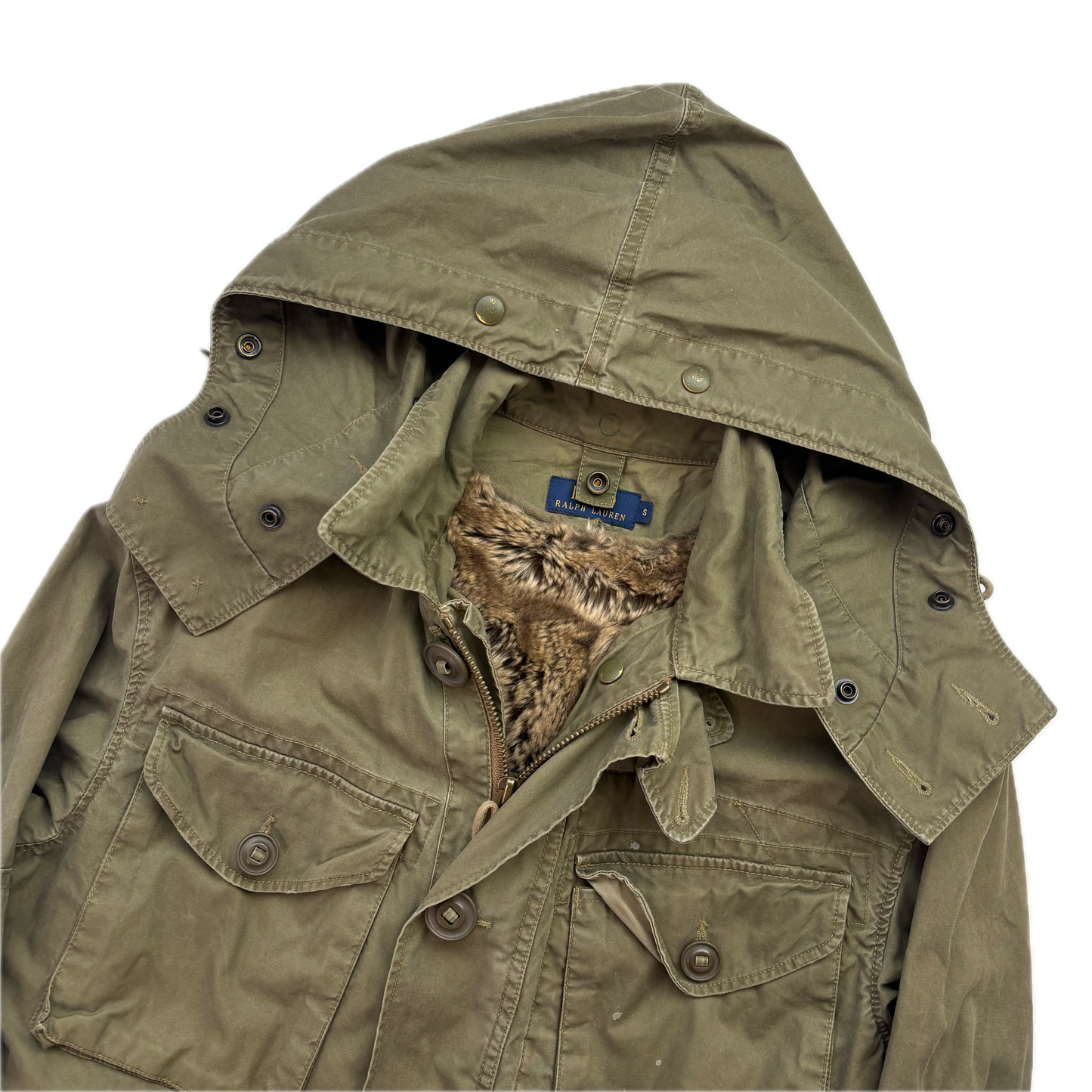 Polo Ralph Lauren Green Field Jacket Faux Fur Lined Army Military - S