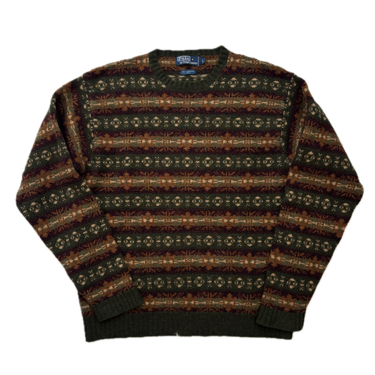 Polo Ralph Lauren Fairisle Jumper Crew Neck Dark Green Sweater (Wool Blend) - L